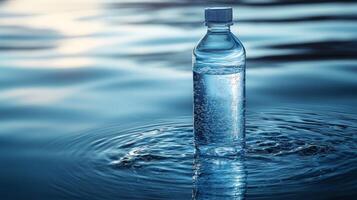 A clear plastic water bottle stands upright on a calm surface, surrounded by gentle ripples and shimmering reflections. The tranquil environment enhances the freshness of the bottle. photo