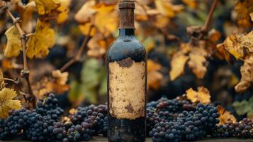 A worn wine bottle sits prominently in a vineyard surrounded by ripe grapes and autumn leaves. The setting highlights the transition of seasons, evoking a rustic charm. photo