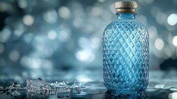 A blue glass bottle with a diamond pattern is placed on a shiny, wet surface. Surrounding droplets of water catch the light, creating a sparkling effect. The background is slightly blurred. photo