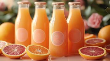 Bottles filled with vibrant orange beverages sit next to halved oranges and grapefruits in a delicate floral arrangement. The scene captures a refreshing ambiance of summer. photo
