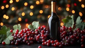 A sleek red wine bottle is placed on a dark surface amidst a cluster of vibrant red grapes, with soft twinkling lights in the background creating a warm, festive atmosphere. photo