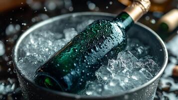 A green bottle with condensation sits in a bucket filled with ice, capturing the essence of a festive occasion, perfect for toasting and enjoying refreshing beverages. photo