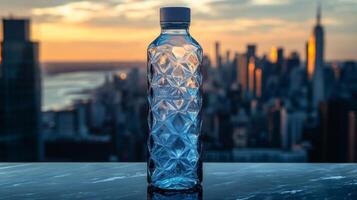 A transparent geometric water bottle is placed on a table overlooking a vibrant city skyline. The sunset casts warm hues over the buildings, creating a beautiful backdrop. photo
