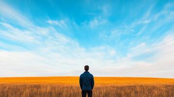 A man stands gazing at expansive golden fields that stretch toward a vivid blue sky. The landscape reflects advancements in agriculture and the connection between nature and modern practices. photo