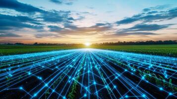 Fields of crops are illuminated by sunset, while digital lines representing innovation stretch across the soil. This scene highlights the integration of technology in modern farming practices. photo