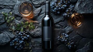 A sleek black wine bottle stands centrally surrounded by fresh dark grapes and two elegant glasses filled with wine. The rustic stone surface enhances the sophisticated evening ambiance. photo