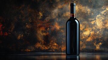 A shining bottle of red wine is prominently displayed, reflecting a warm and textured backdrop. The scene conveys a sense of sophistication and invites appreciation for fine wine. photo