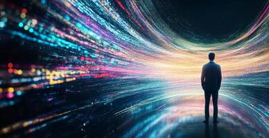 A person stands in a vibrant, illuminated space that symbolizes the fusion of modern technology and agriculture. This scene reflects innovative practices transforming traditional fields. photo