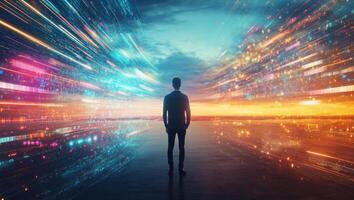 A person stands in open fields, reflecting on the integration of modern technology and agriculture. This scene captures the transformation of farming practices through digital advancements. photo