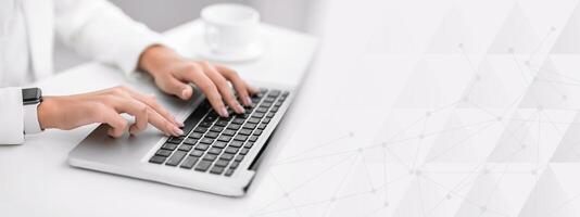 Information Searching. Unrecognizable businesswoman using laptop, close-up of hands. Selective focus, free space photo