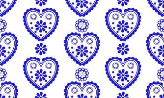 a detailed pattern composed of geometric designs with blue heart shape on white background , design for fabric or various pattern printing works. vector