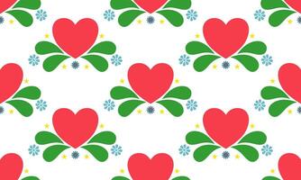 a detailed pattern composed of geometric designs with red heart shape and leaf on white background , design for fabric or various pattern printing works. vector