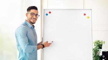 A young Arab businessman stands beside a blank whiteboard in a bright corporate office. He is smiling and holding a marker, ready to present ideas or training materials to an audience. photo