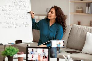 A young brunette woman enthusiastically teaches mathematics to her remote students via e-learning platforms. She stands by a whiteboard explaining concepts in a bright, comfortable environment. photo