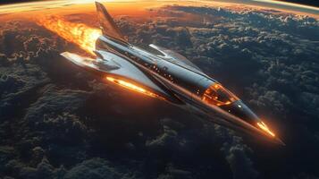 A sleek rocket soars through the atmosphere, emitting flames and showcasing advanced propulsion technology as it reaches hypersonic speeds in a colorful twilight sky. photo