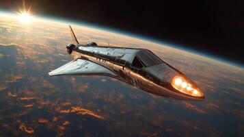 A futuristic spaceplane ascends into the upper atmosphere, utilizing advanced electromagnetic propulsion for hypersonic travel, showcasing the future of aerospace innovation. photo