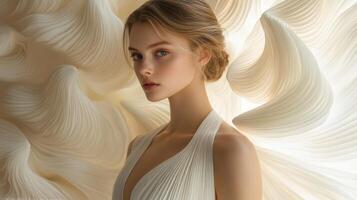 A model stands gracefully, featuring soft lighting and intricate texture in the background. Her expression is serene, while the flowing lines create a visually harmonious atmosphere. photo