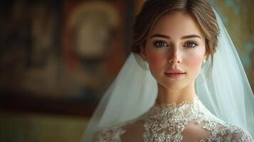 A bride gazes elegantly at the viewer, wearing a beautifully detailed lace gown and a delicate veil, in a softly lit indoor environment. The backdrop enhances her serene expression. photo