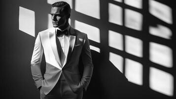 A well-dressed man stands confidently in a fitted white tuxedo and bow tie against a dark wall. Shadows from nearby windows create a striking contrast, enhancing the stylish ambiance. photo