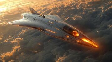 A sleek spaceplane soars through the atmosphere, showcasing its propulsion systems while surrounded by clouds at sunset, highlighting advances in aerospace technology. photo