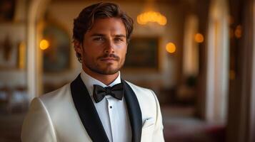 A refined gentleman stands confidently in a tuxedo, his well-groomed appearance highlighting the elegance of the luxurious venue around him. photo