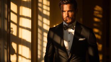 A well-dressed man in a tuxedo poses in a room filled with warm sunlight. The play of shadows from the window adds a dramatic touch to his confident demeanor and elegant attire. photo