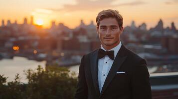 A well-dressed man stands confidently in formal attire as the sun sets behind the city skyline, showcasing a captivating blend of colors in the sky. photo