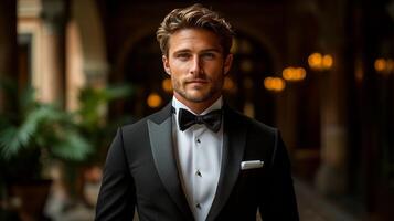 A man stands elegantly in a tuxedo, exuding charm and confidence in a refined location. Warm light accents architectural details, creating a sophisticated ambiance. photo