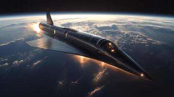 Cutting edge hypersonic spaceplane ascends into orbit, utilizing electromagnetic propulsion systems. The vehicle glides above the Earth's atmosphere, demonstrating aerospace innovation. photo