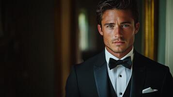 A well-dressed man stands confidently in an indoor setting. He wears a black tuxedo with a bow tie, showcasing charm and elegance against a refined backdrop. photo