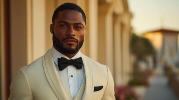 A well-dressed man in a cream tuxedo with a bow tie stands confidently outside a lavish building. The warm golden light highlights his features, creating an upscale ambiance. photo