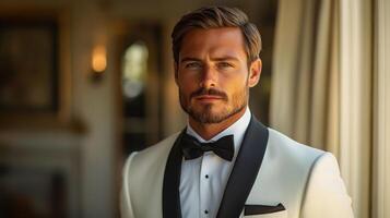 A well-groomed man stands gracefully in a classy tuxedo, exuding confidence and elegance. Sunlight highlights his features, enhancing the sophisticated atmosphere of the formal event. photo