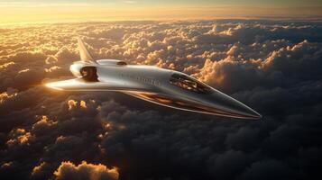 A sleek spaceplane soars through the clouds against a vibrant sunset, showcasing cutting edge aerospace technology for hypersonic flight and propulsion innovation. photo