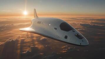 A cutting edge spaceplane glides gracefully above the earth's atmosphere as the sun rises, representing breakthroughs in airlaunch and propulsion systems for future spaceflight. photo