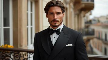 A well-dressed man in a classic tuxedo stands confidently on a balcony overlooking a cityscape. photo