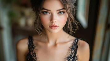 A young woman with alluring features gazes intently with her green eyes. She has tousled hair and wears a delicate black lace top, set against a warm, inviting indoor background. photo