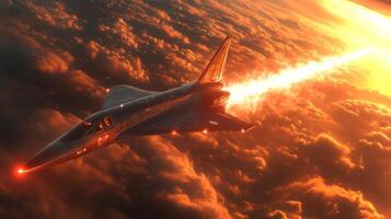 A sleek rocket powered spaceplane ascends through vibrant clouds at high speed, showcasing advanced propulsion technology in a stunning sunset backdrop. photo