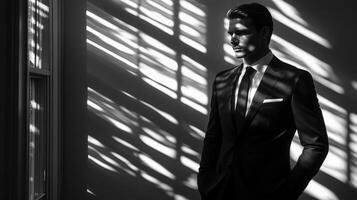 A man dressed in a sleek black suit and tie stands quietly in a well-lit room. The sunlight filters through window blinds, casting bold patterns of shadows that enhance the ambiance. photo