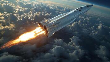 A hypersonic spaceplane ascends through a dense cloud layer during a launch event, showcasing powerful propulsion systems. The sky is partially illuminated, reflecting the energy of the ascent. photo