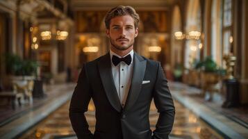 A man stands with poise in a sophisticated suit, showcasing elegance in a grand hotel lobby filled with warm light and lavish decor, evoking a sense of opulence and style. photo