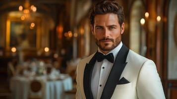 A well-dressed man in a classic tuxedo poses confidently in a luxurious restaurant. The setting features ornate decor with soft, ambient lighting, creating an inviting atmosphere. photo
