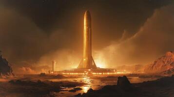 An advanced rocket launch facility stands illuminated against a hazy landscape, showcasing innovative propulsion technology designed for hypersonic spaceflight, evoking future aerospace advancements. photo