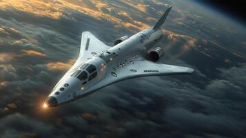 A cutting edge spaceplane glides through the twilight skies, utilizing advanced propulsion systems for a hypersonic airlaunch above the clouds, showcasing aerospace innovation. photo