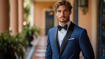 A well-dressed man stands confidently in a blue tuxedo, showcasing a stylish bow tie. He exudes charm and sophistication amidst beautiful indoor plants and classic architecture. photo