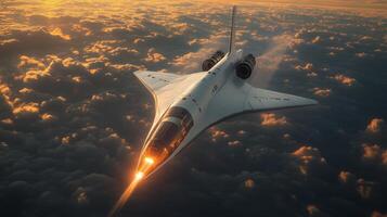 A cutting edge hypersonic spaceplane ascends into the atmosphere with a powerful propulsion system, leaving a glowing trail as it navigates through clouds during a majestic sunset. photo