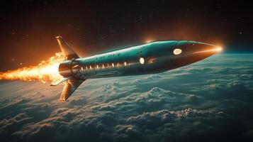 A cutting edge hypersonic rocket is propelled into the upper atmosphere, showcasing its advanced propulsion system while flames trail behind, illustrating the power of aerospace innovation. photo