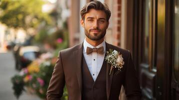 A well-groomed man is standing confidently in a brown tuxedo with a bow tie and a floral boutonniere. He poses against a lively street backdrop adorned with flowers and greenery. photo
