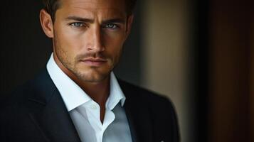A young man dressed in a dark suit and white shirt stands confidently, looking directly at the viewer. His serious expression highlights striking features against a softly lit background. photo