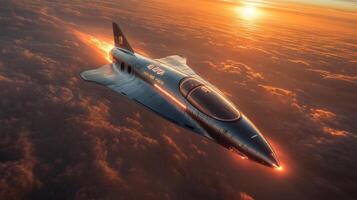 A sleek spaceplane soars through the atmosphere at hypersonic speeds, leaving a trail of glowing propulsion. The vibrant sunset creates a dramatic backdrop highlighting aerospace innovation. photo