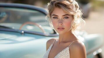 A young woman stands in natural light, showcasing a casual outfit with a dotted pattern. She has a captivating expression, complemented by soft waves in her hair. photo